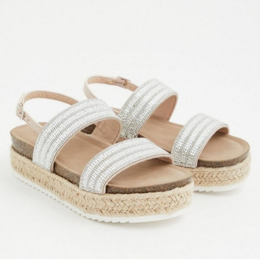 Beige rhinestone double strap platform sandal (WW)